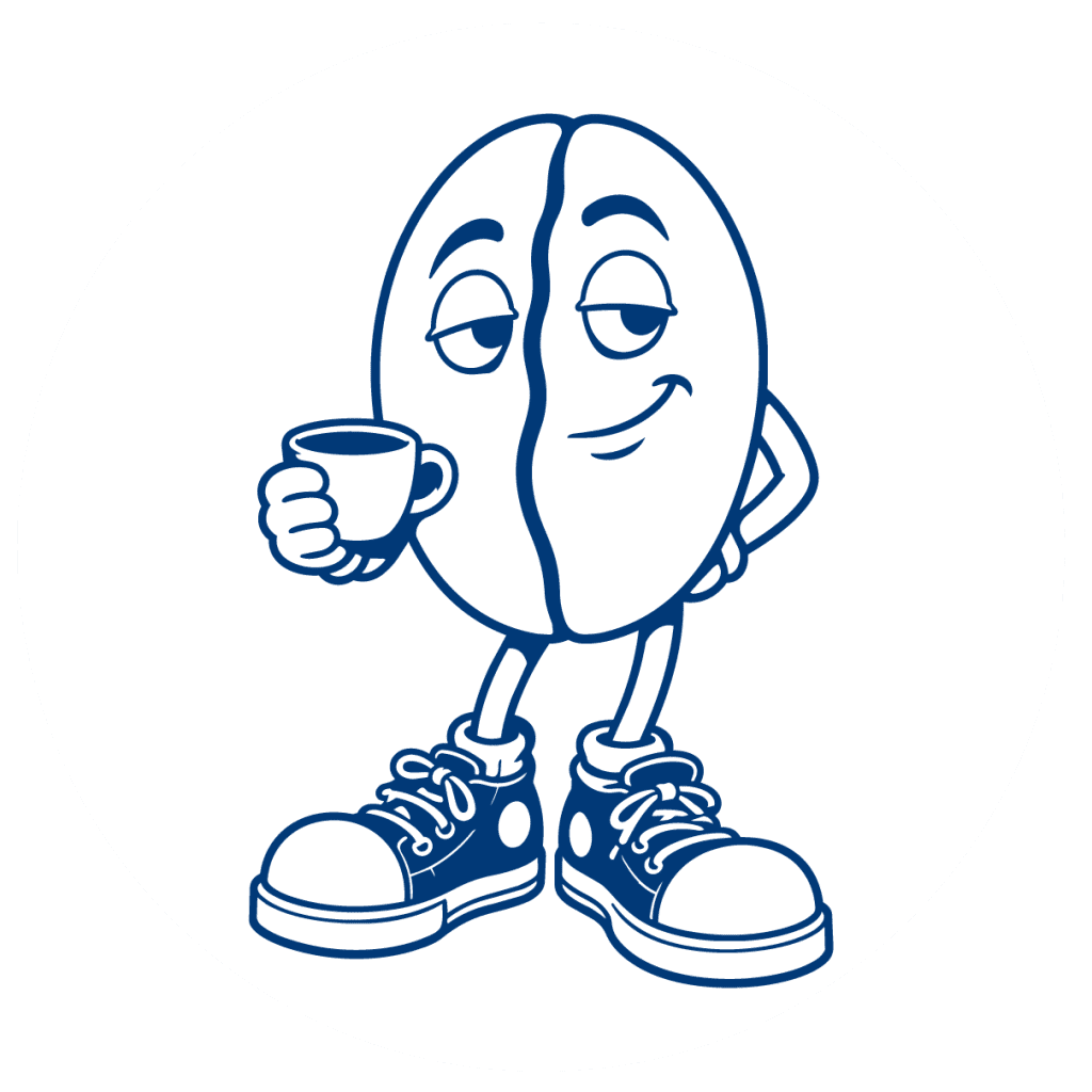 Mascota de La Weá de Café: un grano de café con zapatillas sosteniendo una taza