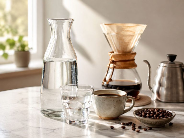 Agua para preparar café con filtro, jarra y taza