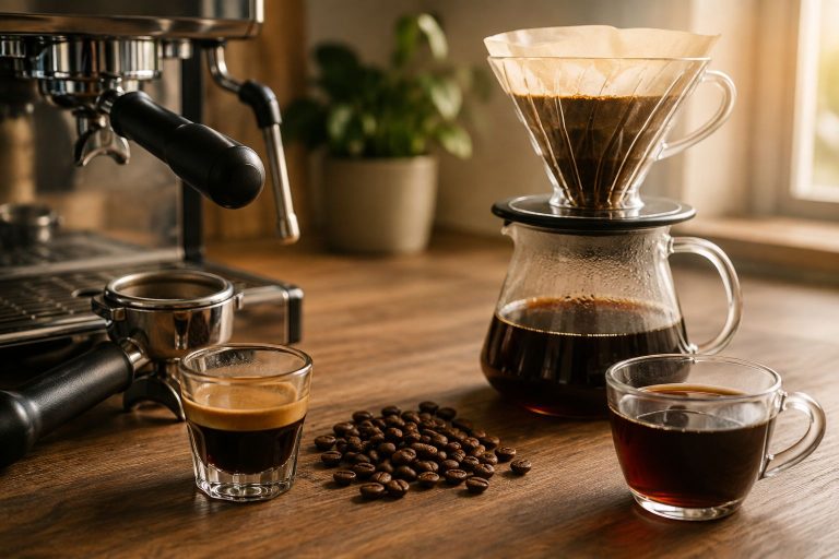 Espresso vs café filtrado con máquina de espresso y método filtrado