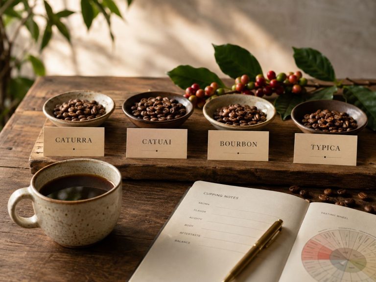Variedades de café Caturra, Catuai, Bourbon y Typica en una cata de café