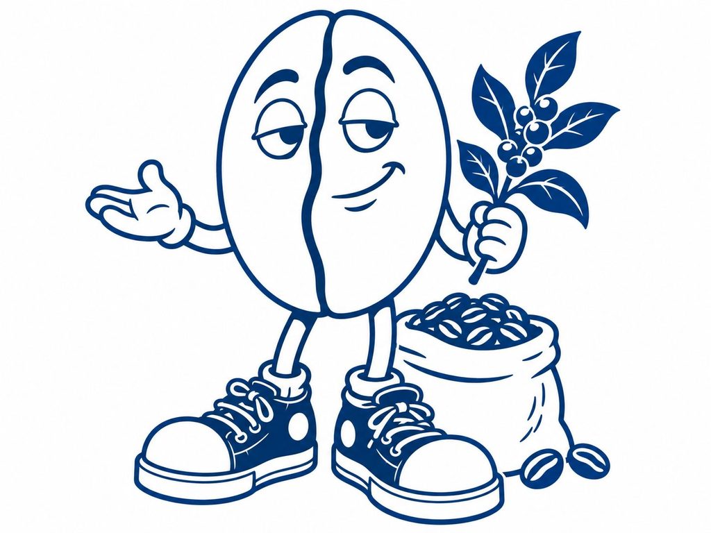 Mascota de La Weá de Café: un grano de café con zapatillas, una ramita de café en la mano y un saco de granos al lado