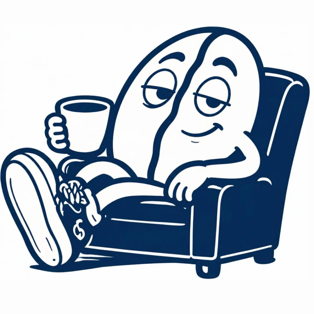 Mascota de La Weá de Café: un grano de café relajado en un sillón con una taza en la mano